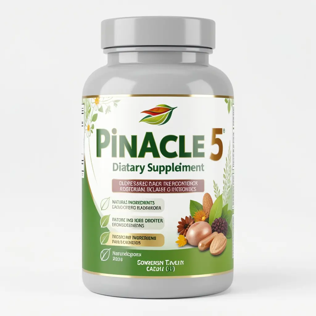 Pinnacle 5 dietary supplement bottle with natural ingredients label